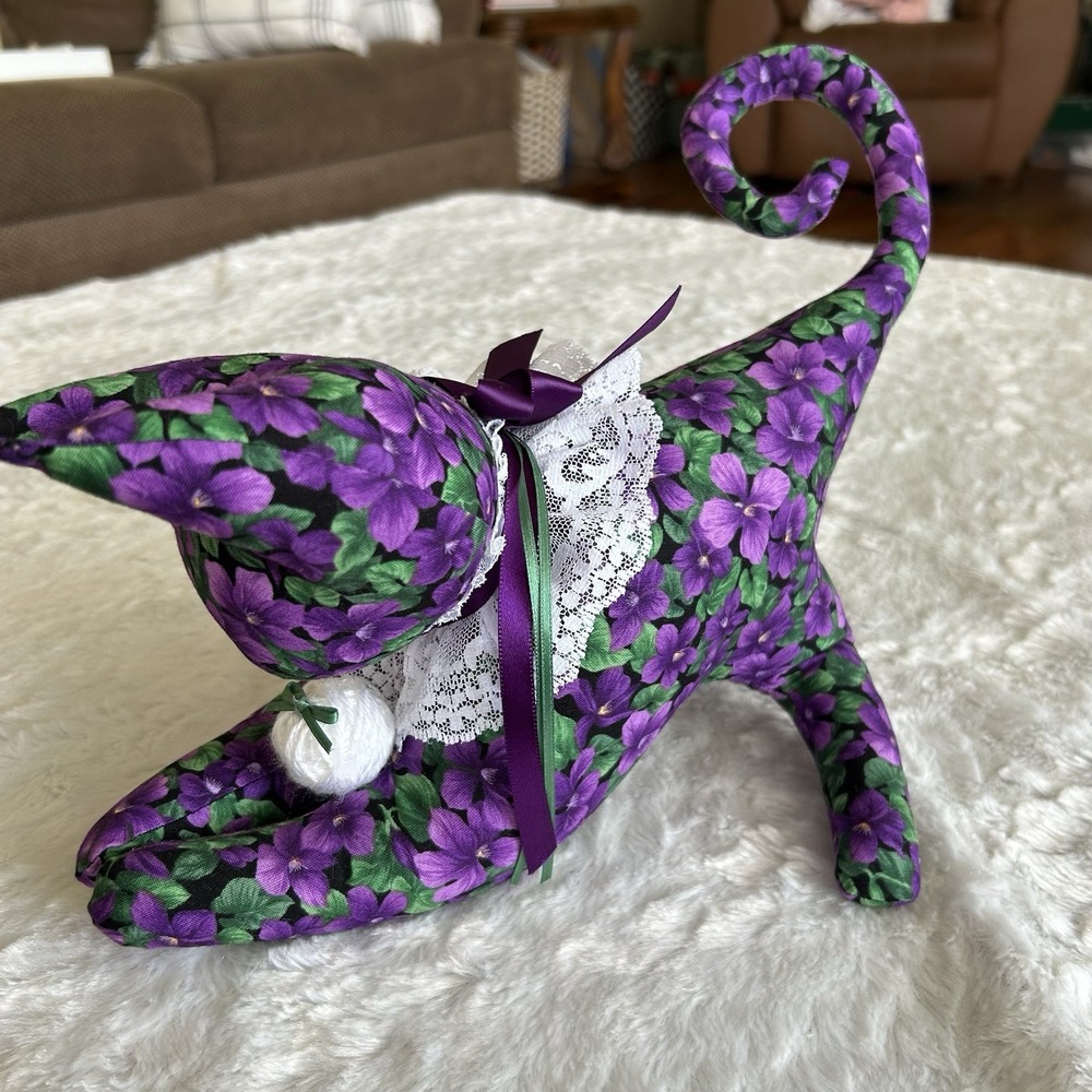 Hand Sewn Cat Shaped Plush Floral Kitty Pillow Cottagecore Whimsical Home Decor